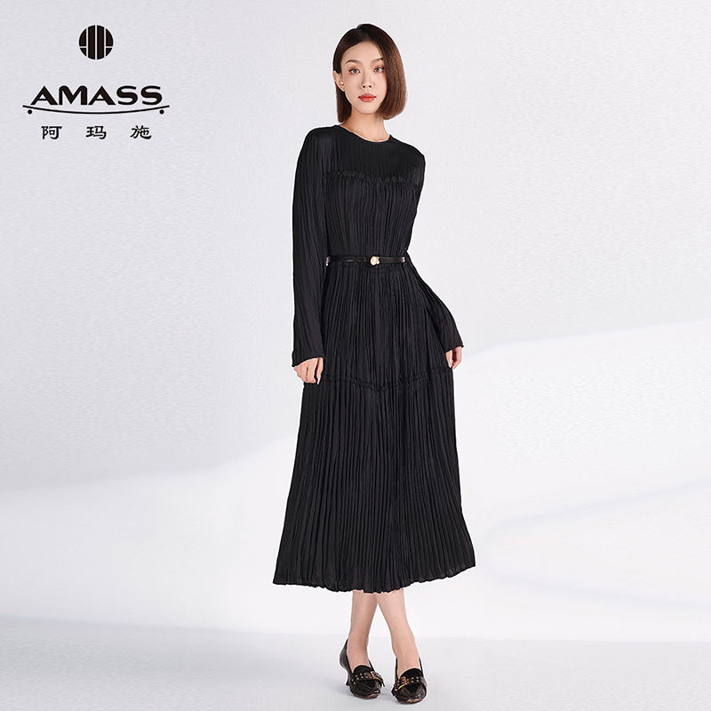 阿玛施AMASS黑色压褶长袖女装垂感连衣裙时尚气质宽松长裙5500445