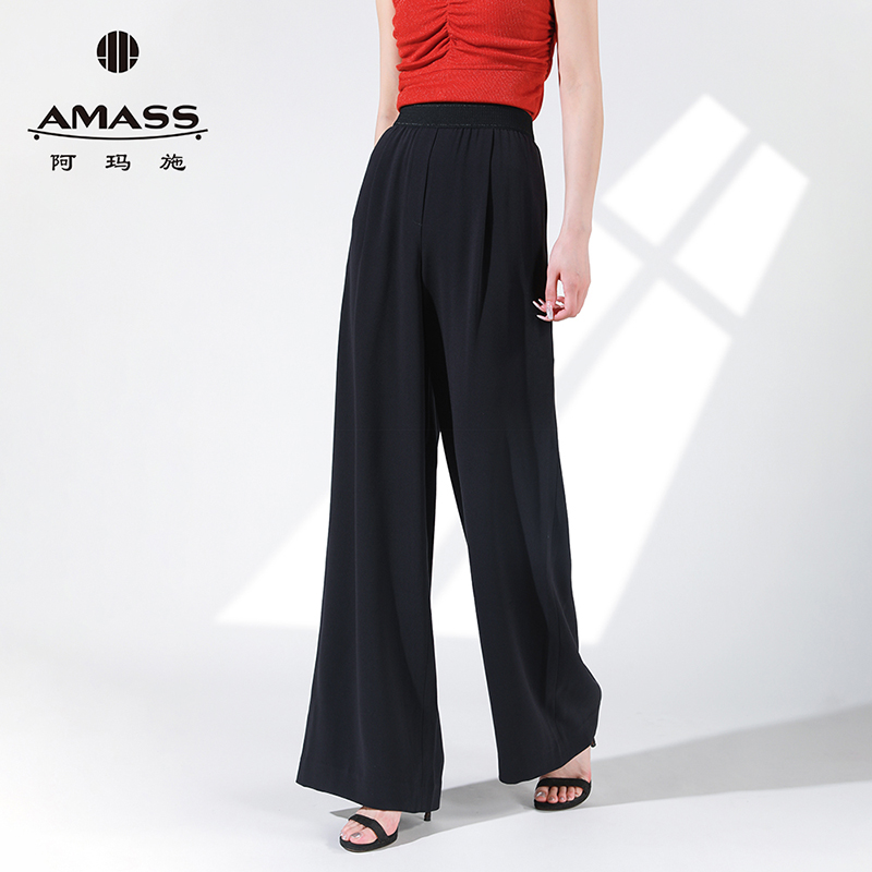 阿玛施AMASS新款女裤黑色松紧腰垂感冰凉薄款休闲阔腿裤女5100265
