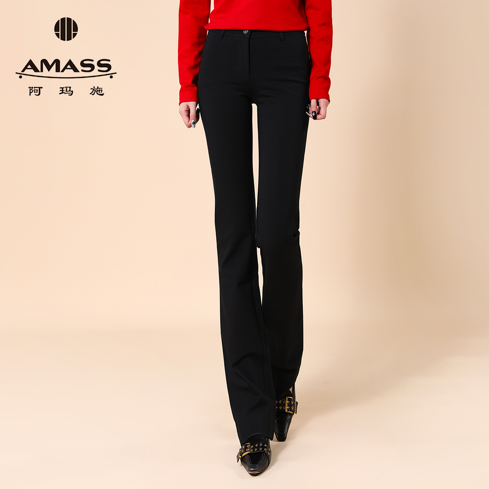 阿玛施AMASS黑色高级长裤设计师修身时尚直筒植绒休闲裤女5100144
