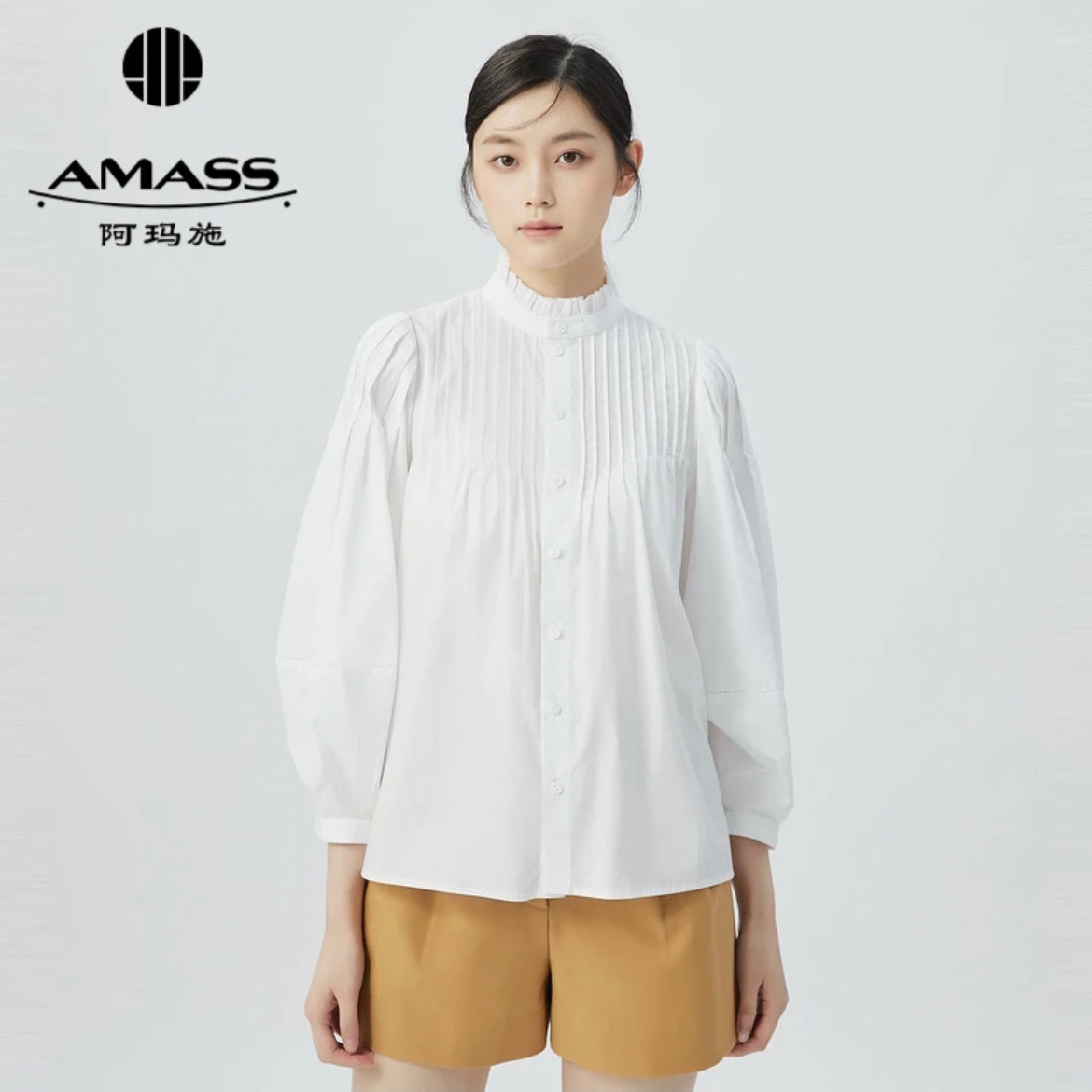 阿玛施AMASS新款女装百搭立领白衬衫复古宫廷风纯棉衬衫5301044