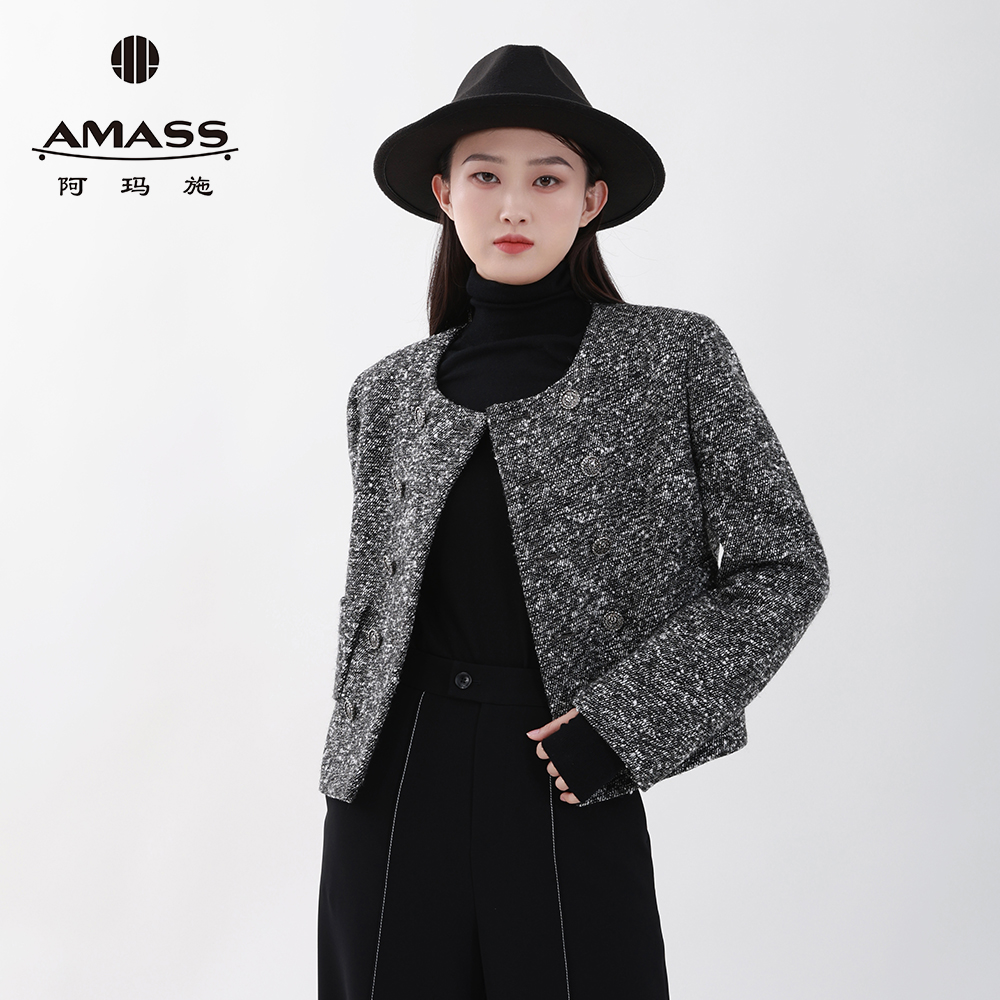 阿玛施AMASS女装冬款通勤长袖经典千金短款小香风花呢外套5400837