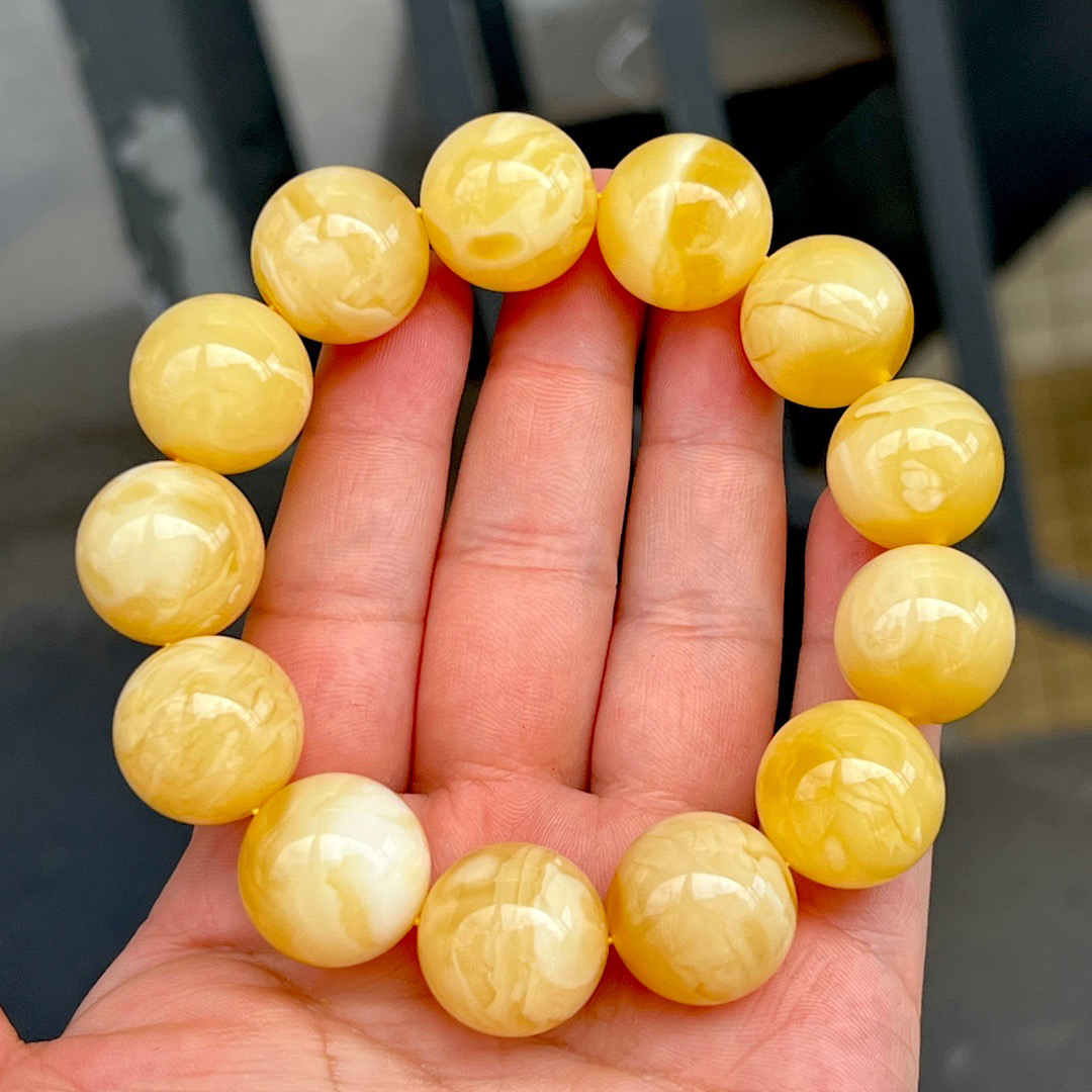 18mm+天然精品俄料黄白花蜜蜡圆珠手串 47克基地质检发货