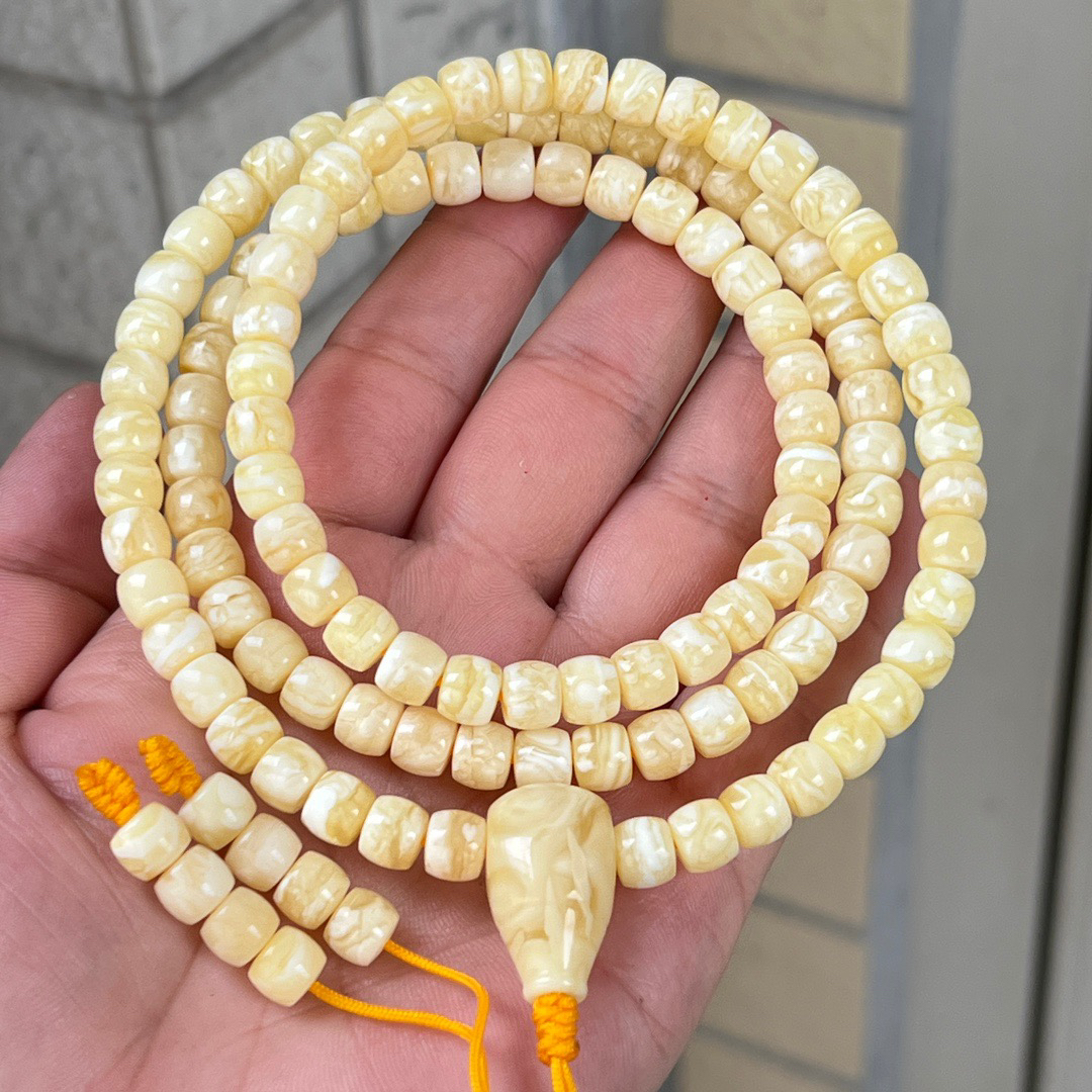 7mm+天然俄料满蜡白花虎皮纹精工直切蜜蜡108 #30.9