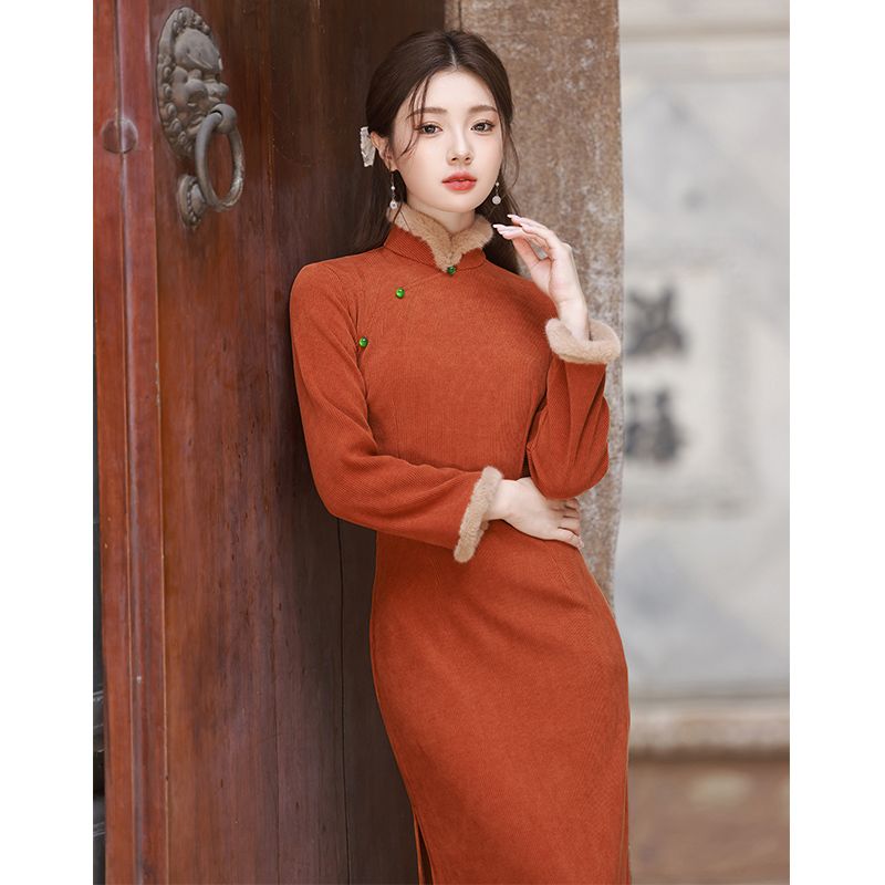 新中式旗袍2023冬款女长袖新年战袍棉衣拜年服高级感复古日常保暖