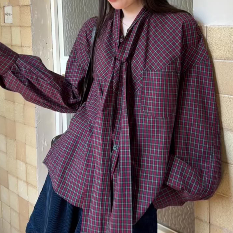 岚茜朵美式复古红格子蝴蝶结绑带衬衫女早秋宽松洋气设计感上衣