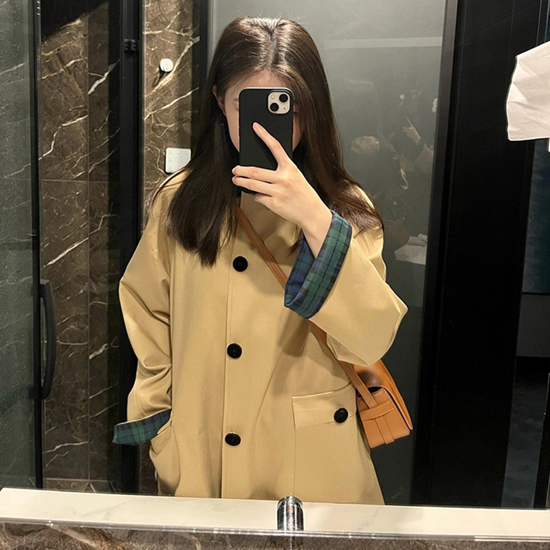 岚茜朵老钱风复古拼色双面穿卡其色风衣外套中长款风小个子衣