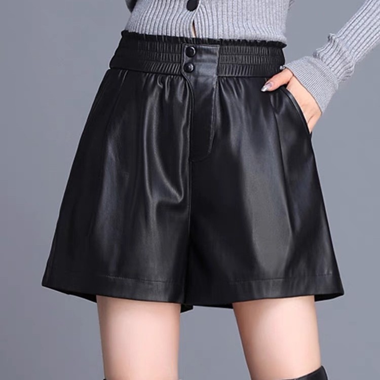 2025春秋新款海宁皮短裤女高腰松紧腰纯皮百搭皮靴裤EG-1910#