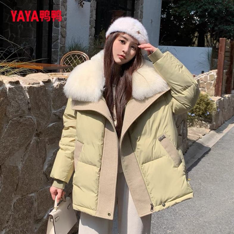 YAYA/鸭鸭冬季女士2024年千金薄荷曼波大毛领时尚百搭短款羽绒服