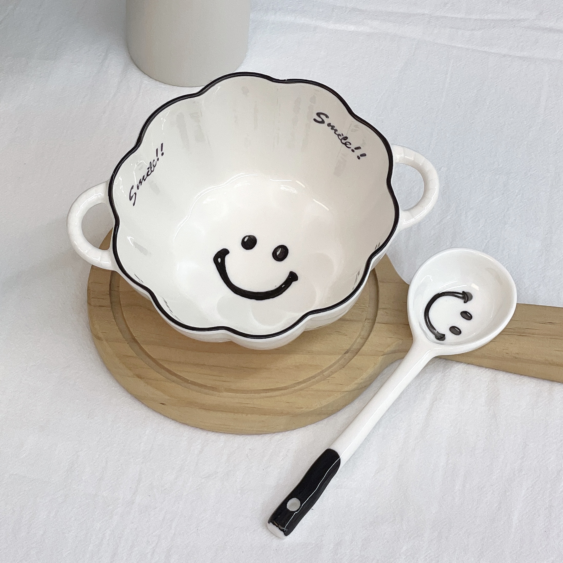 日式ins笑脸一碗一勺家用6英寸双耳碗勺套装组合简约高级釉下彩