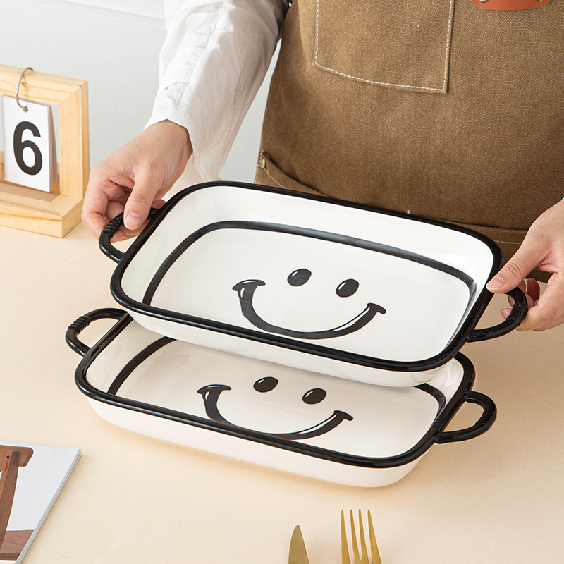 家用笑脸2023新款13英寸鱼盘复古网红轻奢餐具家用高级防烫双耳
