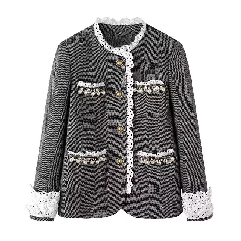 3号【冰冰同款】秋冬百搭定制重工钉珠设计蕾丝领中长款外套C696-1