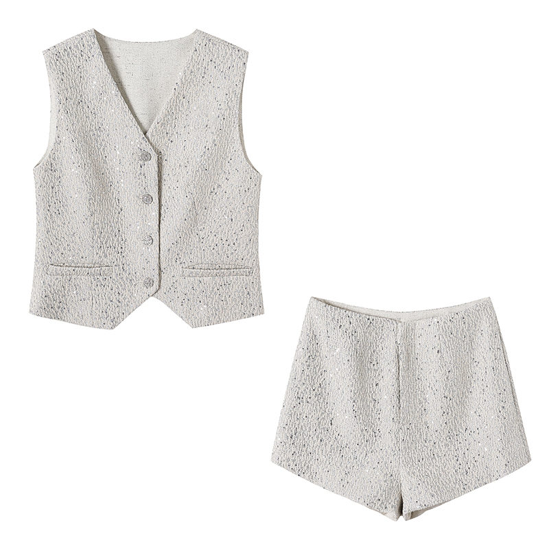 2号【月落星沈】新款百搭重工亮片V领马甲外套上衣短裤套装女C736