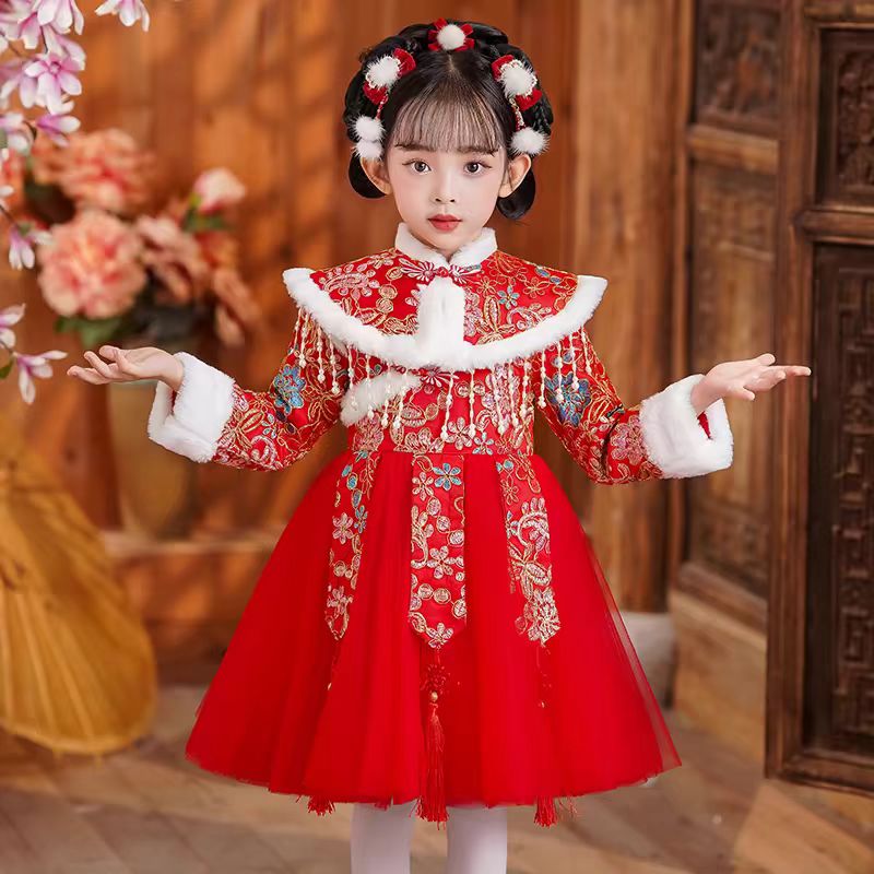 女童汉服冬季古装拜年服新年装加厚儿童唐装中国风女孩连衣裙冬装