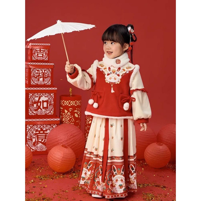 琼仔童装汉服女童冬季套装拜年服2023新款中国风马面裙儿童古装新