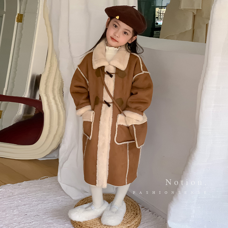 琼仔童装女童秋冬装加绒外套新款儿童中长款加厚皮毛一体大衣女孩