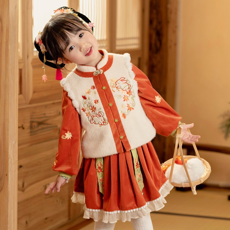琼仔童装枫林晚女童拜年服儿童汉服冬季新款加厚古装中国风过年喜