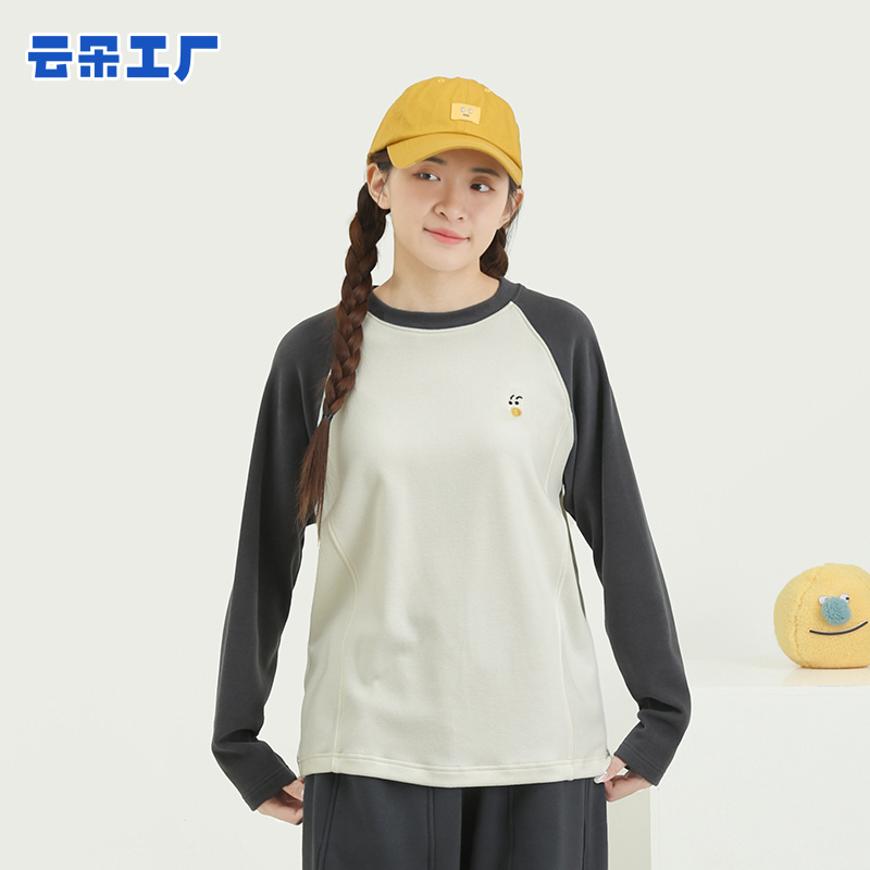 云朵工厂种子插肩袖打底衫女撞色圆领长袖T恤宽松2024年秋季新款