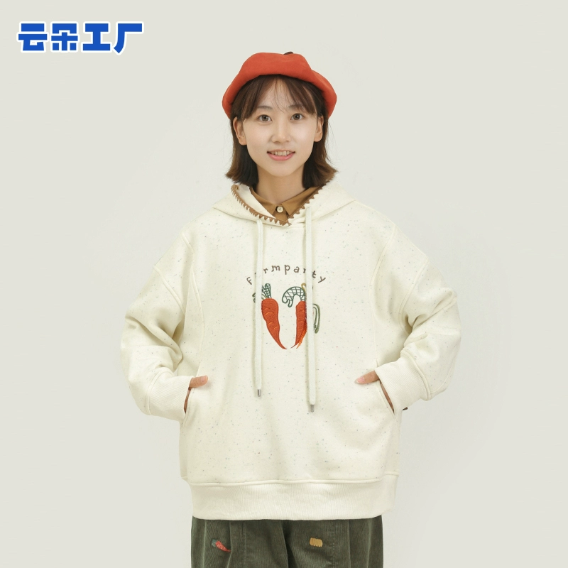 云朵工厂小雪人贝壳绣连帽卫衣米白色秋冬季新款宽松加绒休闲