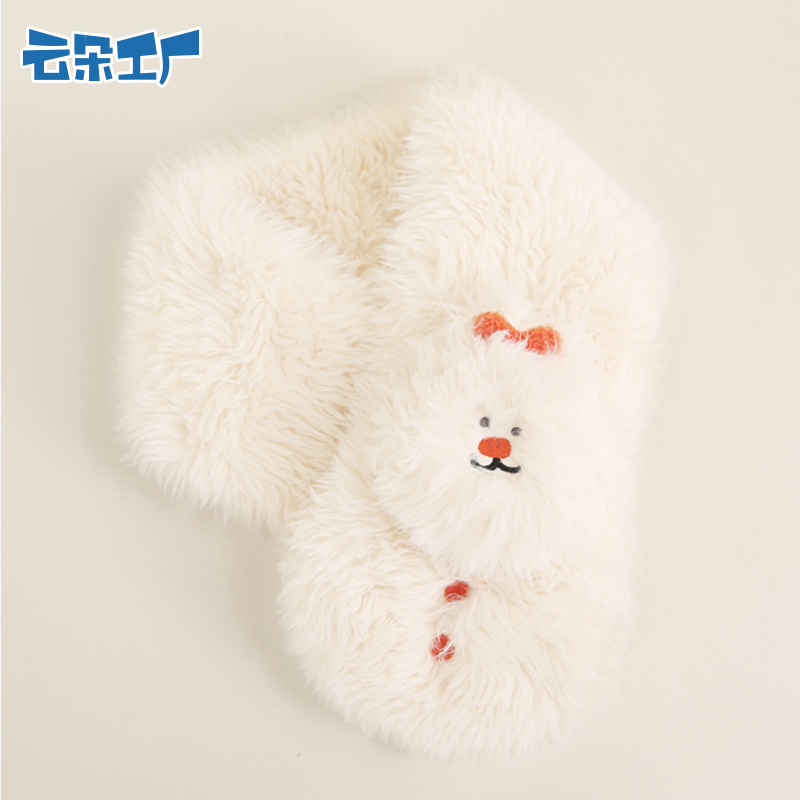 云朵工厂小雪人毛绒短围巾冬季新款毛茸茸小围脖保暖可爱交叉围巾