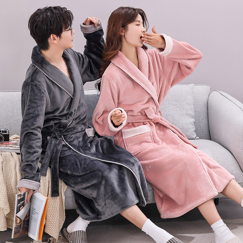 秋冬季珊瑚绒浴袍男士长款睡衣法兰绒情侣睡袍女加绒加厚大码浴衣