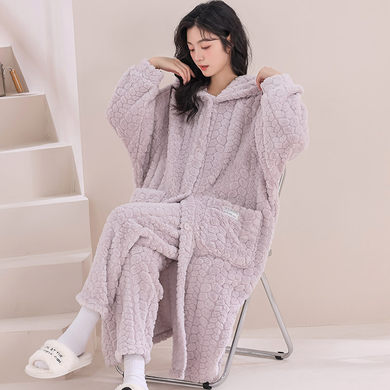 睡袍女秋冬加厚加绒法兰绒长款大码睡衣珊瑚绒浴袍家居服套装冬季