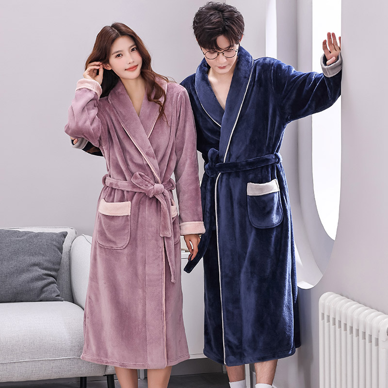 秋冬季珊瑚绒情侣浴袍男士长款睡衣法兰绒睡袍女加绒加厚保暖浴衣