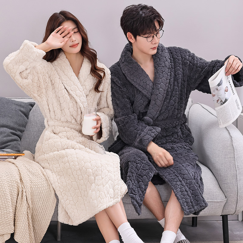 2023年新款珊瑚绒提花睡袍女秋冬季长款加绒加厚情侣浴袍男士睡衣
