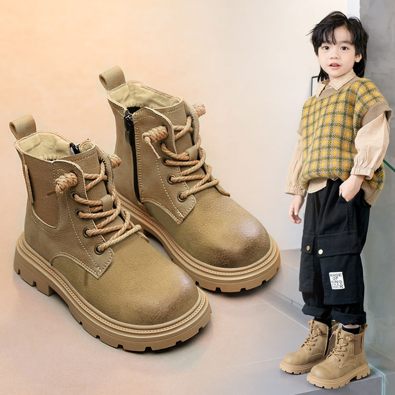 马丁靴男童2023秋冬款儿童靴子女童加厚真皮棉鞋中大童软底短靴潮