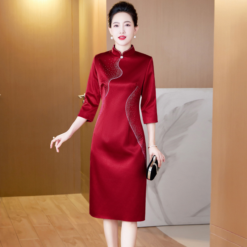 J14中国风简约高档改良版旗袍喜婆婆婚礼服修身显瘦妈妈装连衣裙