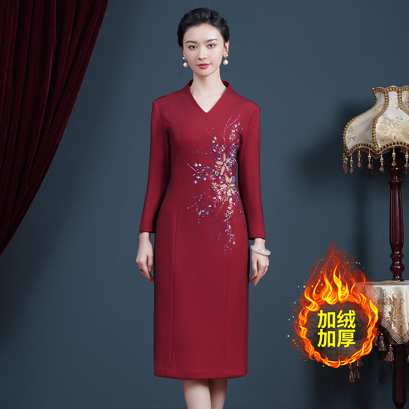 970年轻款高贵旗袍洋气秋冬喜婆婆婚宴装妈妈婚礼服连衣裙女加绒