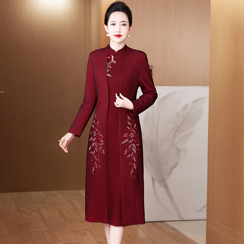 J55两件套显瘦修身旗袍婚礼妈妈装立领重工钉珠连衣裙喜婆婆