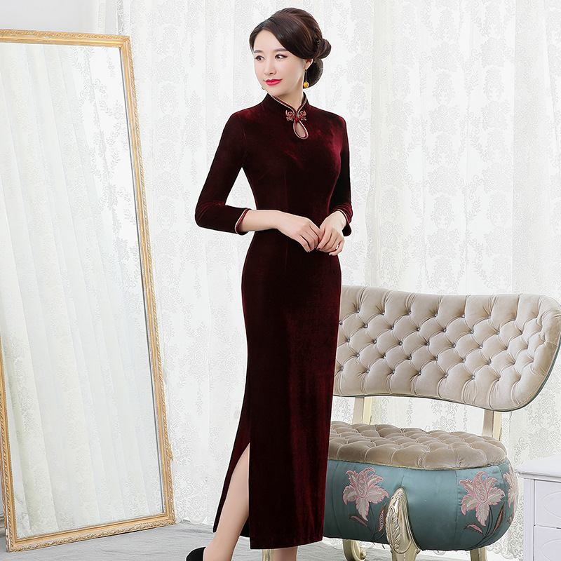 多色洋气新款妈妈装金丝绒旗袍长款修身复古改良连衣裙喜婚宴礼服