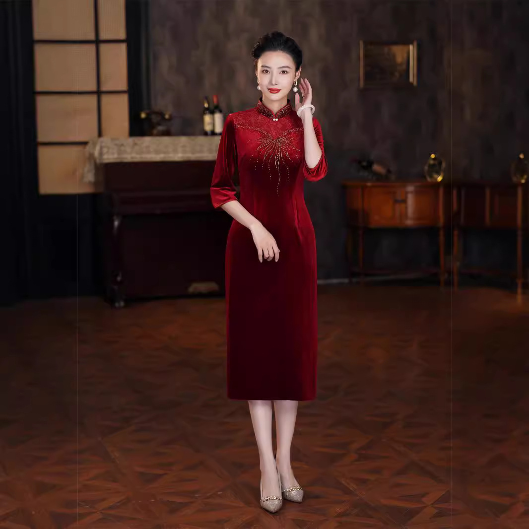 K76国风新款2025旗袍修身年轻喜妈妈喜婆婆晚礼服日常礼服连衣裙