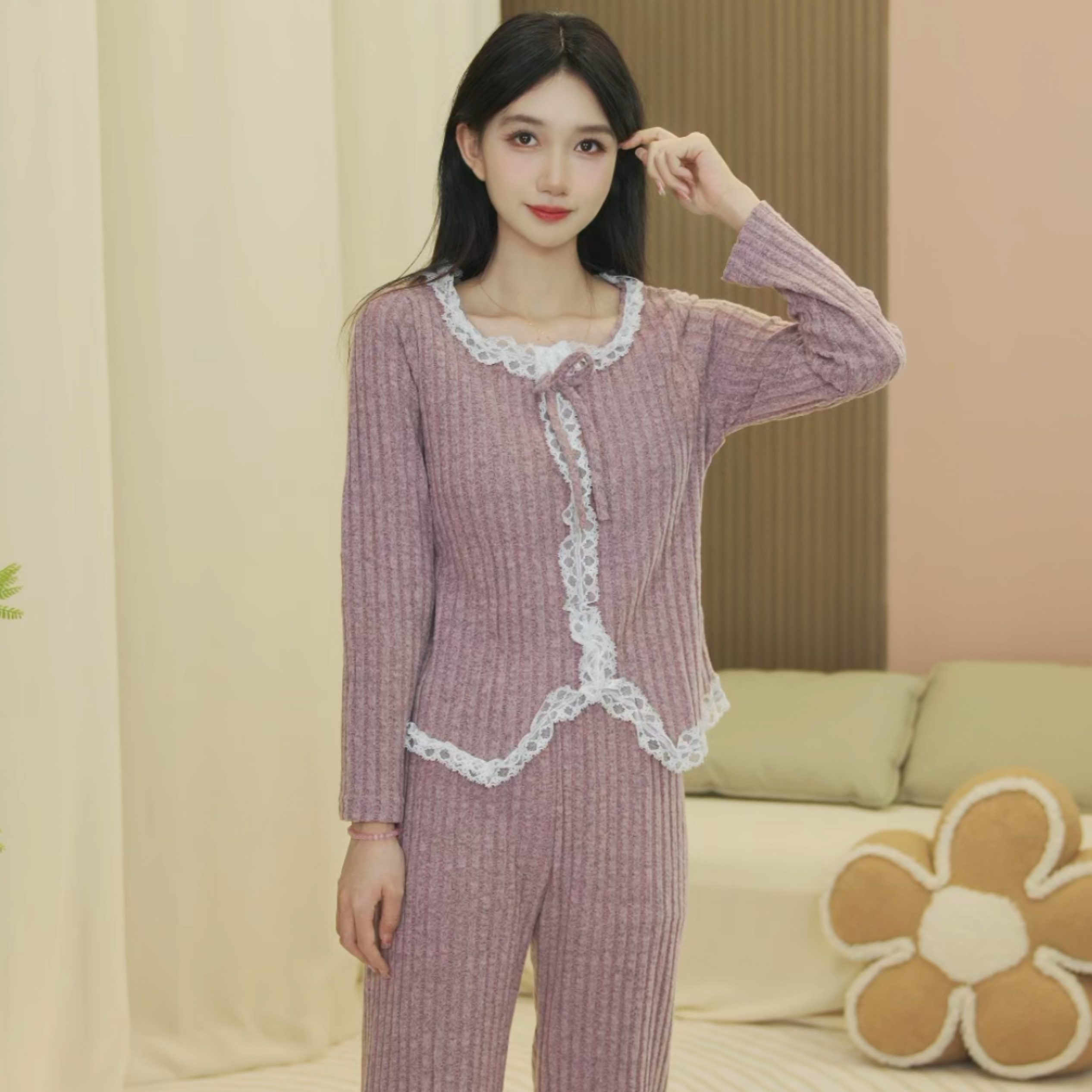 琪琪家[桃泯禾秋]舒适亲肤简约睡衣女套装时尚可外穿家居服AQQ
