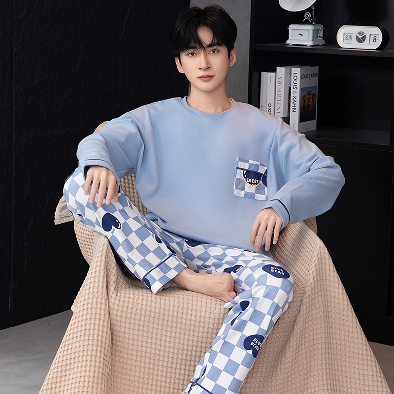 YUZHAOLIN/俞兆林洋气可外穿男士长袖纯棉睡衣大童宽松圆领两件套