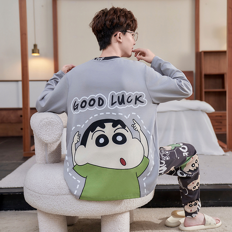 YUZHAOLIN/俞兆林大码长袖圆领纯棉男款睡衣春秋季大童全棉家居服