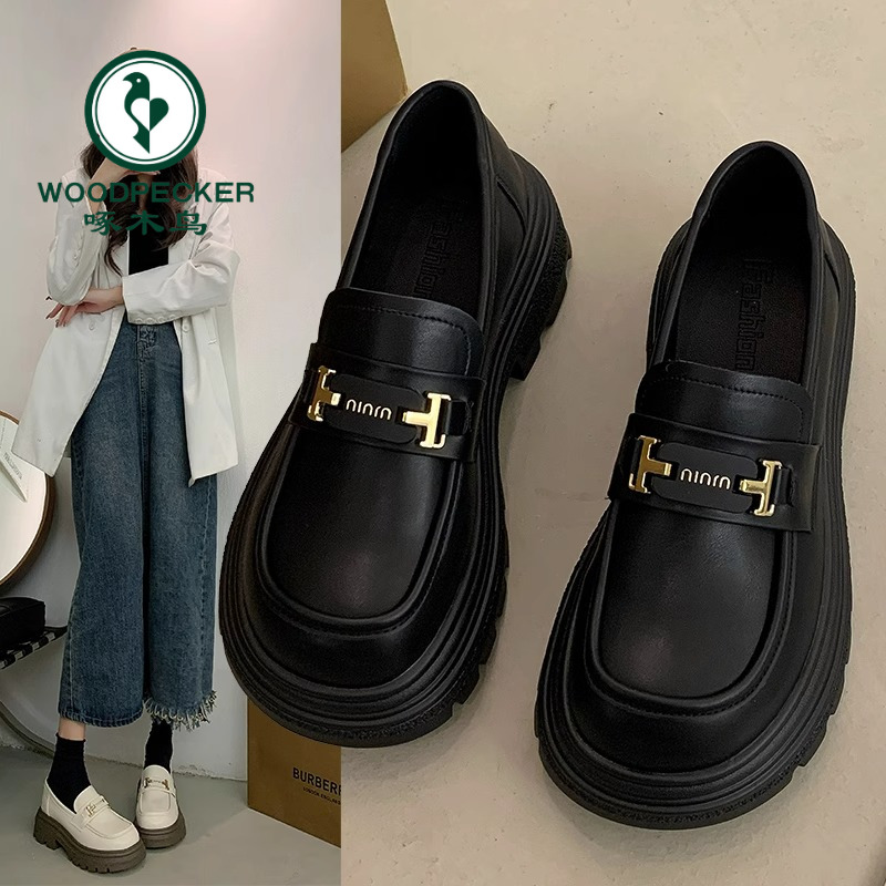 啄木鸟厚底乐福鞋女款2024秋季新款百搭单鞋英伦风黑色软底小皮鞋
