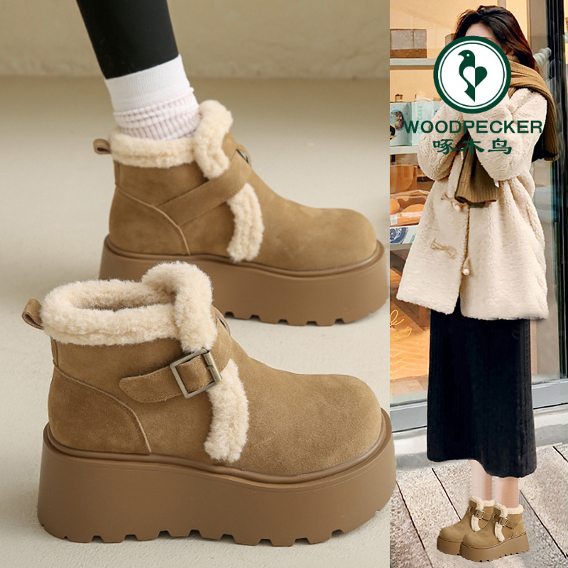 啄木鸟厚底雪地靴女2024年新款加绒加厚松糕短筒棉鞋雪地鞋雪地棉