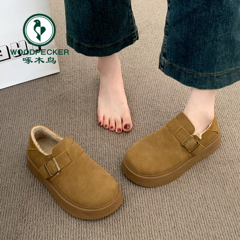 啄木鸟厚底勃肯鞋女2024新款冬季一脚蹬加绒保暖乐福鞋博肯毛毛鞋