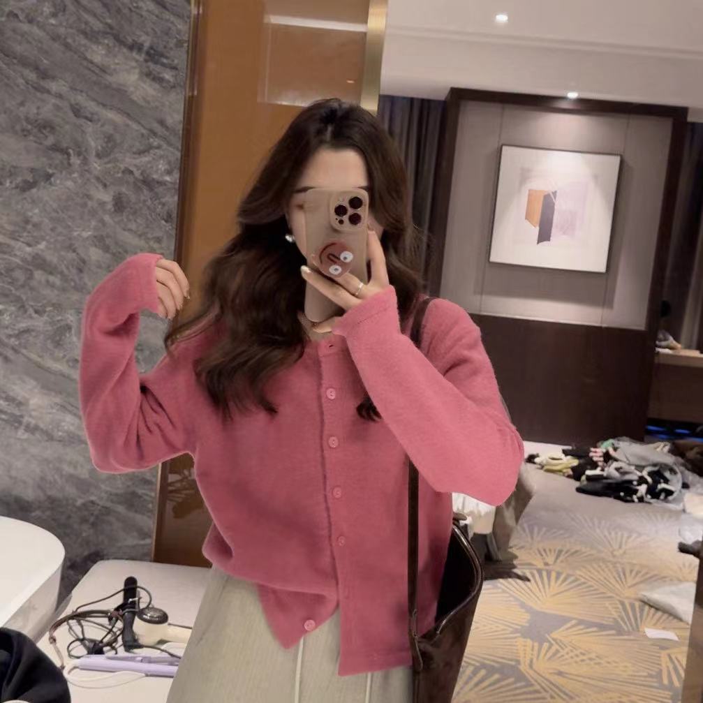 KEKE【韩漫学姐】纯色毛衣圆领韩系浪漫温柔软糯百搭针织开衫女1207