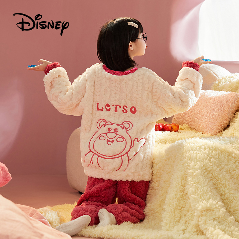 Disney/迪士尼女童冬季睡衣珊瑚绒草莓熊儿童家居服圆领套装4152