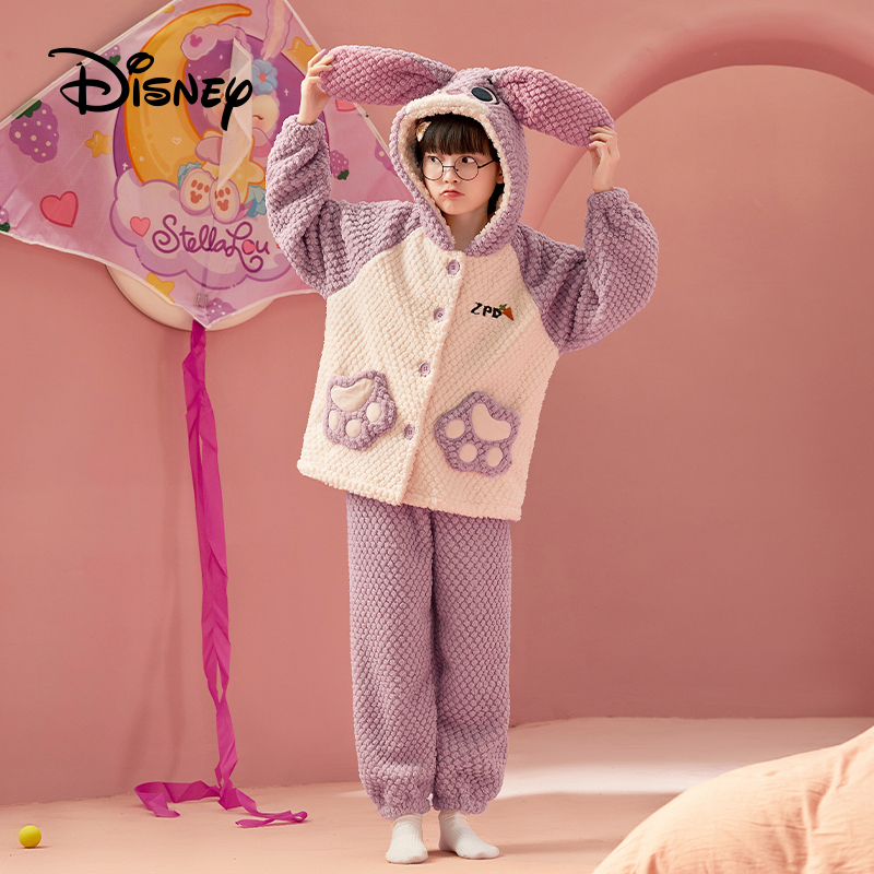 Disney/迪士尼冬季女童居家睡衣珊瑚绒连帽保暖加绒加厚套装4153