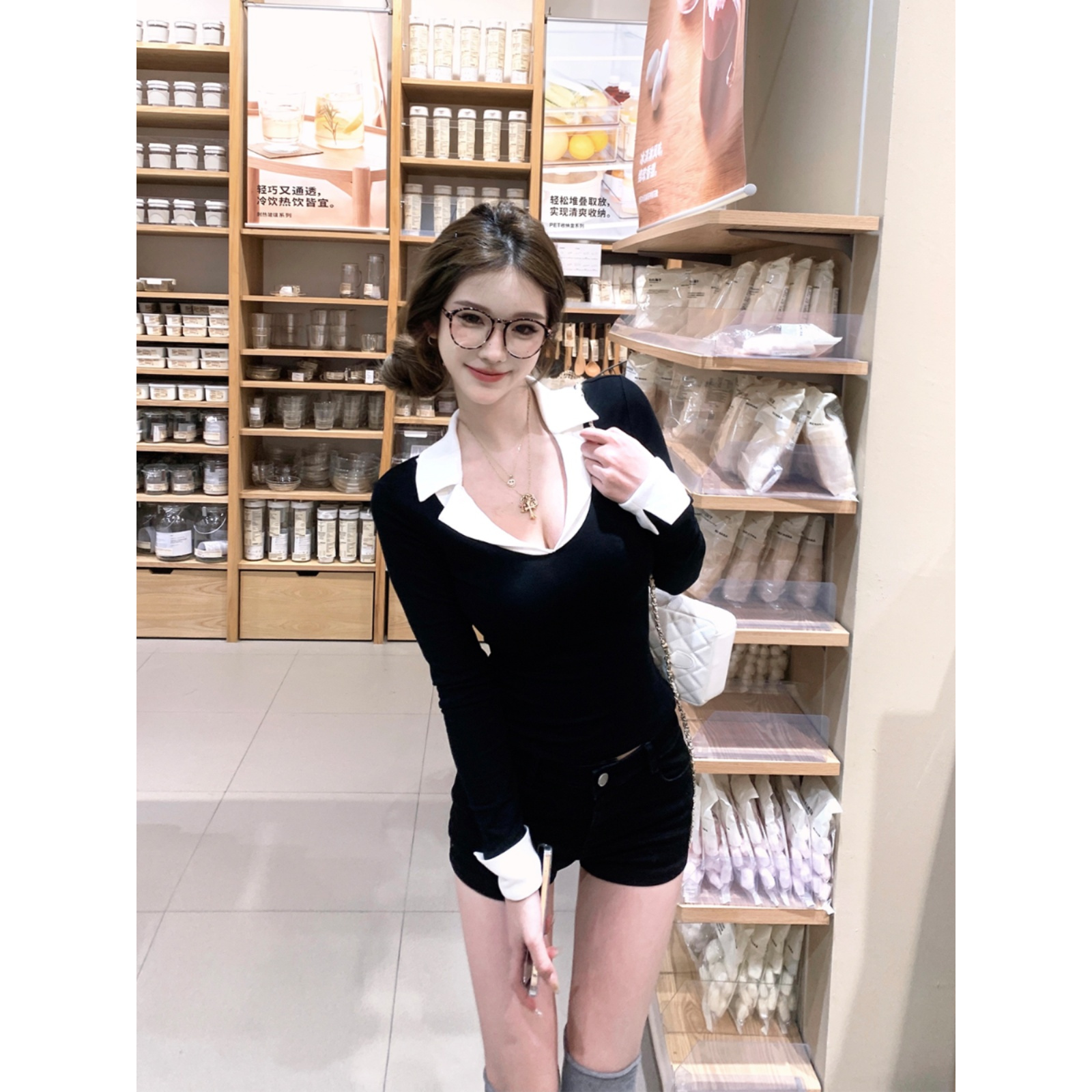 JMSHOP 韩高优等生 假两件拼接修身t恤女磨毛秋冬内搭长袖上衣
