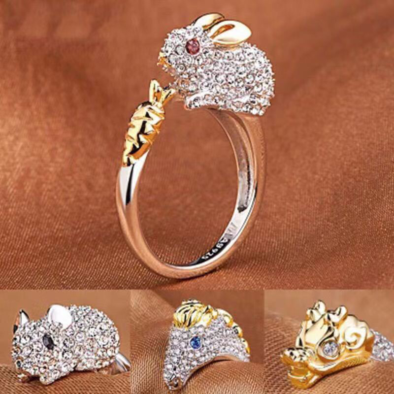 黄铜戒指 十二生肖戒指指环白色白色时尚轻奢满钻紫色彩色排戒款.