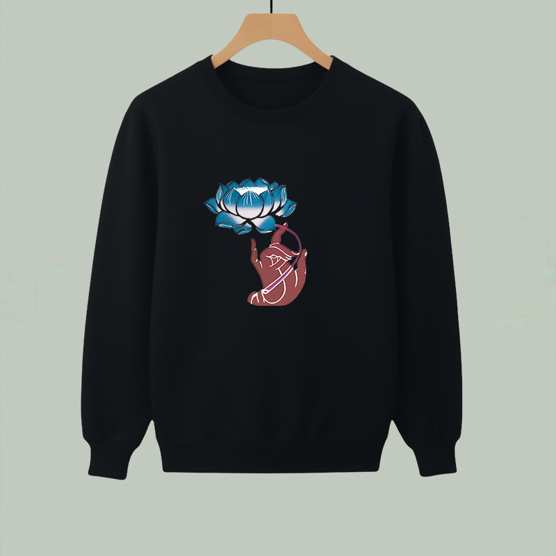 国潮风复古佛手拈花圆领卫衣男2024秋冬季新款潮流百搭套头上衣服