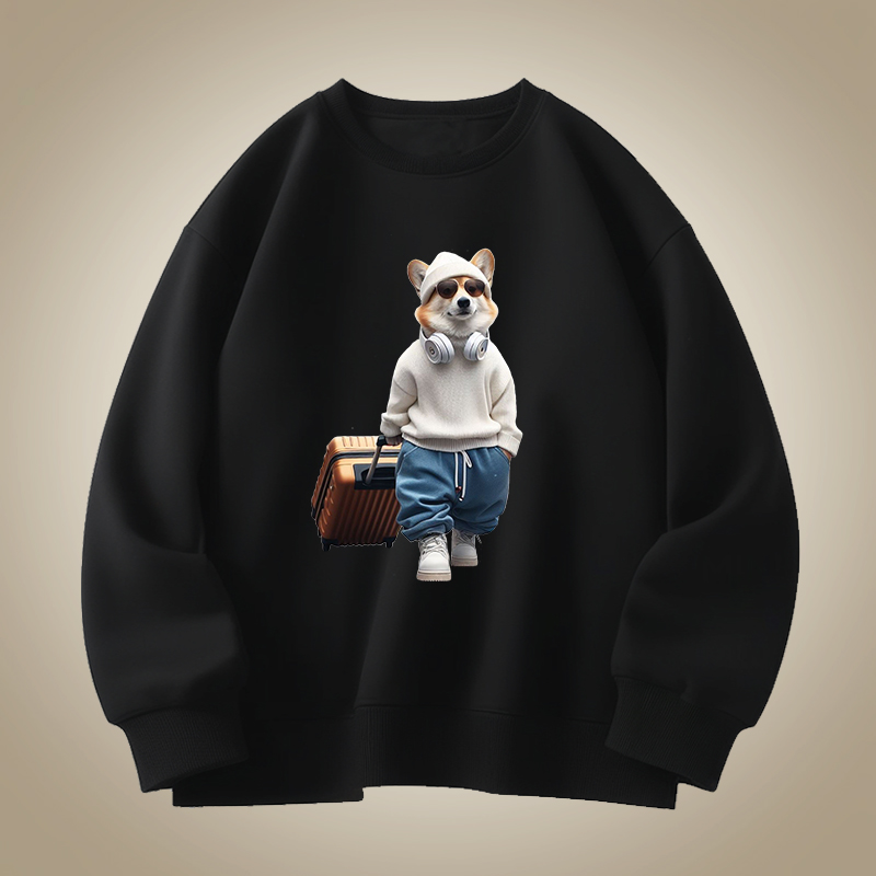 美式重磅卫衣男士秋冬季潮流个性旅行dog印花圆领套头长袖上衣服