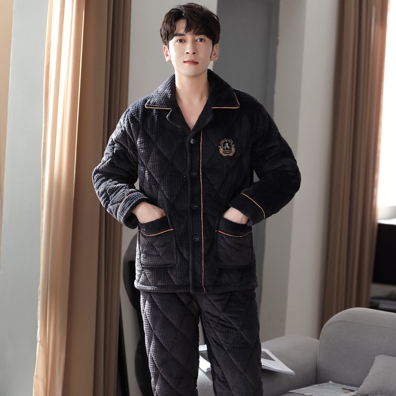男士睡衣冬季珊瑚绒夹棉袄秋冬款三层加厚男款法兰绒保暖加绒冬天