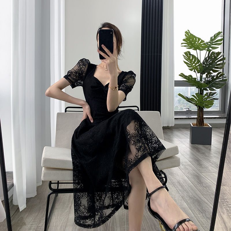 胖大码女装法式复古赫本风蕾丝连衣裙2023夏季新款收腰显瘦长裙
