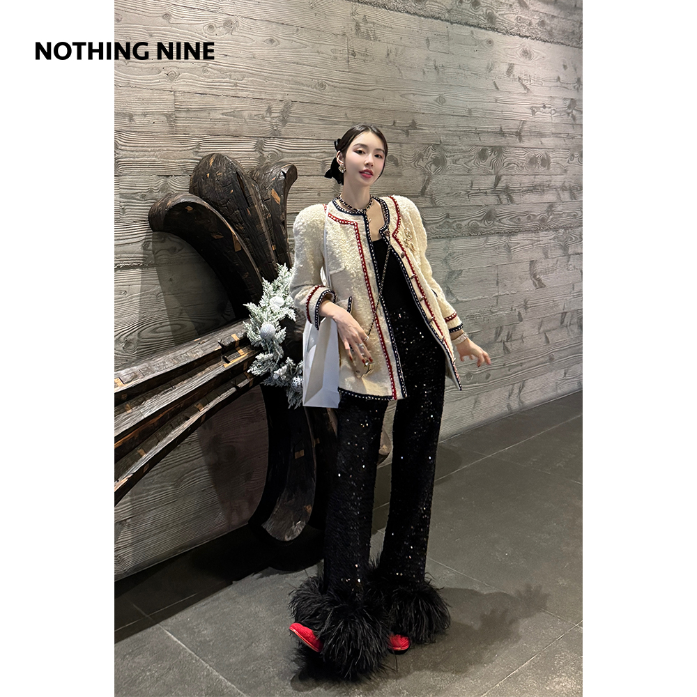 NOTHING NINE明夜星宿亮片羽毛长裤