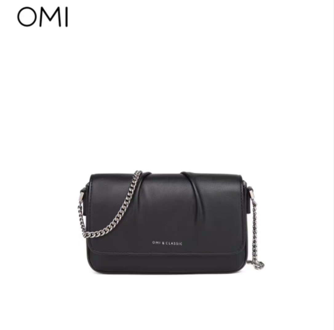 【新品上市】潮流欧米OMI褶皱包2022夏黑色链条简约单肩包包女包